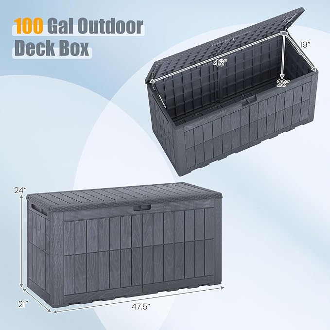 HAPPYGRILL 100 Gal Outdoor Deck Box, Lockable Storage Bin with Lid and Handles, Waterproof and Sun-Protective Patio Bench and Storage Box for Garden Tools Pool Supplies (Gray, 100Gallon)
