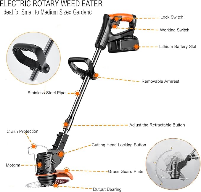 Cordless Weed Wacker, 21V Electric Cordless Weed Eater 3Types Blades and 2×4.0Ah Battery Powered, Adjustable Cutting Angle & Height,3 in 1Stringless Grass Trimmer, Brush Cutter for Lawn Yard Garden