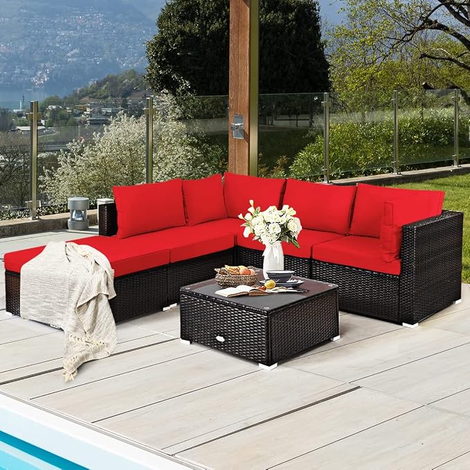 RELAX4LIFE 6-Piece Patio Sofa Set - Outdoor Sectional Sofa Set Wicker Conversation Set w/Table & Removable Cushions, Modular Sofa Set Patio Furniture for Backyard, Poolside, Balcony (Red)
