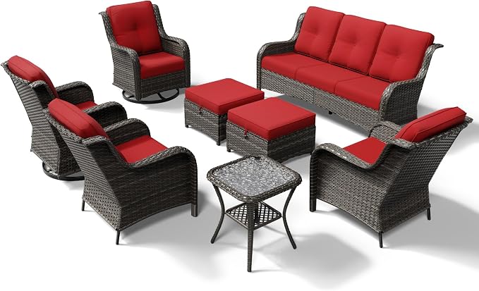 Joyside 8 Piece Wicker Patio Furniture Set, Outdoor Swivel Rocker Patio Chairs with High Back, Deep Seating, Wide Armrest, Thickened Cushions, Outdoor Furniture for Deck, Porch Use