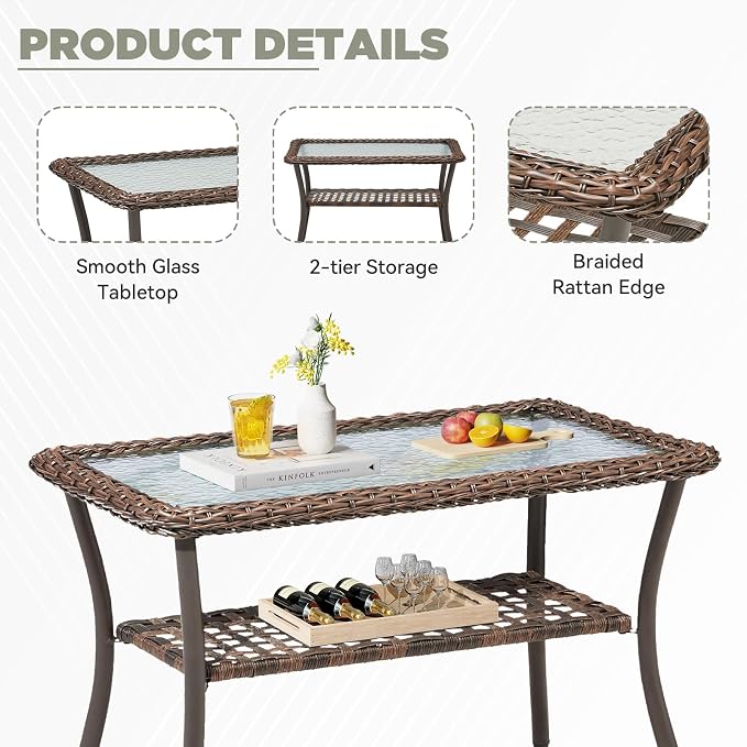 3 PCS Patio Furniture Set, 2 Outdoor Wicker Sofas with Coffee Table, 4-Inch Thick Olefin Cushions & Curved Armrests, 300 lbs Capacity Rattan Conversation Set for Porch, Garden, Beige