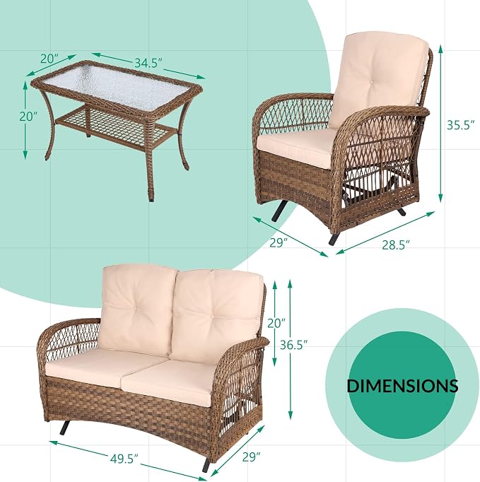 VIVIJASON 4-Piece Outdoor Patio Wicker Conversation Sets, All Weather Outdoor Rattan Furniture Set Includes Glider Loveseat, Coffee Table, 2 Glider Rocker Chairs with Cushions for Lawn Garden Balcony