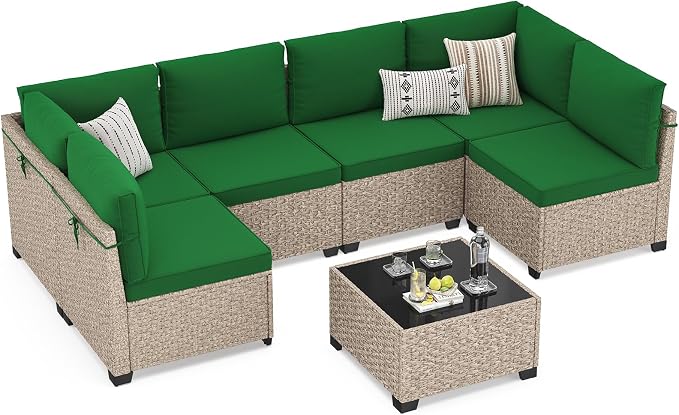 Soohow 7-Piece Patio Furniture Set, Outdoor Sectional All-Weather Wicker Patio Conversation Set for Garden, Porch, Backyard - Green Cushions