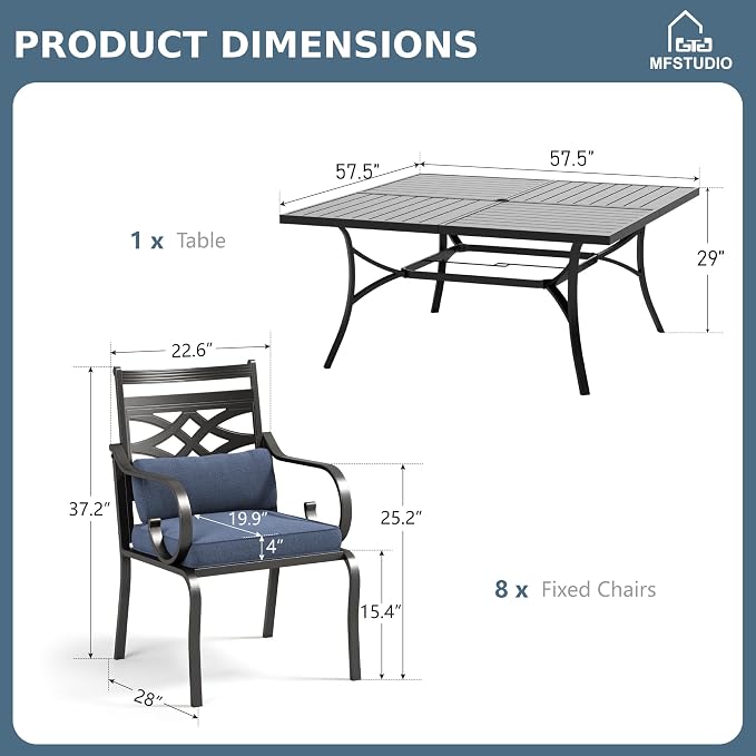 MFSTUDIO 9-Piece Patio Dining Set, 57.5" Square Metal Table, Fixed Chairs | Umbrella Hole, Blue