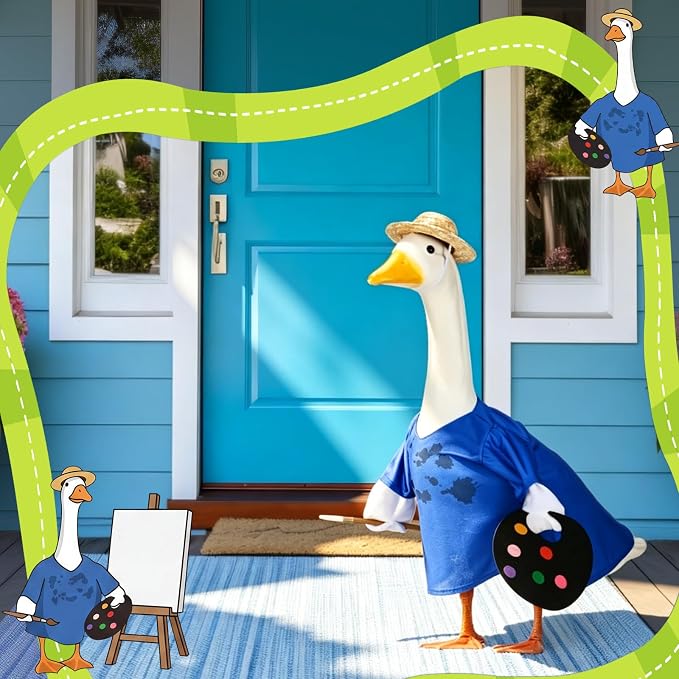 Painter Porch Goose Outfit Back to School Classroom Decor Artist Goose Clothes for 23" High Cement or Plastic Geese Costume for Yard Lawn Outdoor Garden Patio Statue Duck Dress Holiday Birthday Decor
