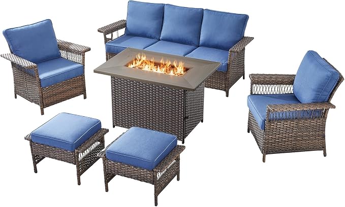 Patio Furniture Set with Fire Pit Table, 6PCS Patio Conversation Set Brown Resin Wicker Patio Chair Sofa Ottoman with 41in Rectangular Outdoor Fire Table PE Rattan Furniture Set