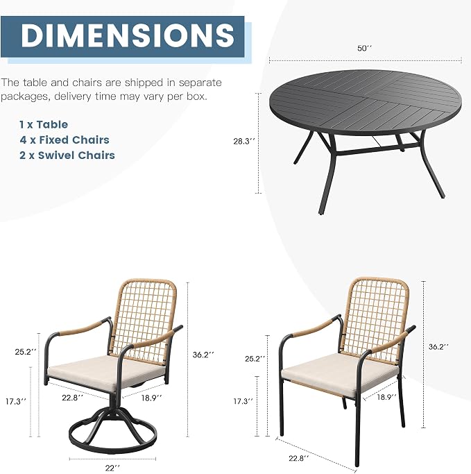DIFY 7 Pieces Outdoor Dining Set for 6, 50" Black Round Metal Table with 4 Stackable Wicker Patio Chairs & 2 Swivel Chairs, Patio Furniture Set with Cushions and Umbrella Hole, Wheat Rattan
