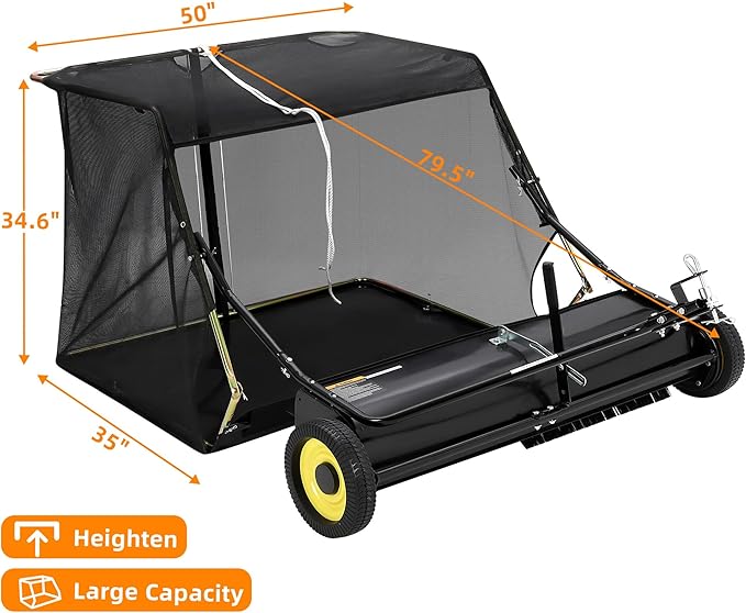 Tow Behind Lawn Sweeper 50" Wide, 26 Cu.Ft Large Hopper Yard Sweeper, Pull Behind Leaf Collector with Adjustable Sweeping Height, Universal Fit for Lawn Tractor & Debris Cleanup