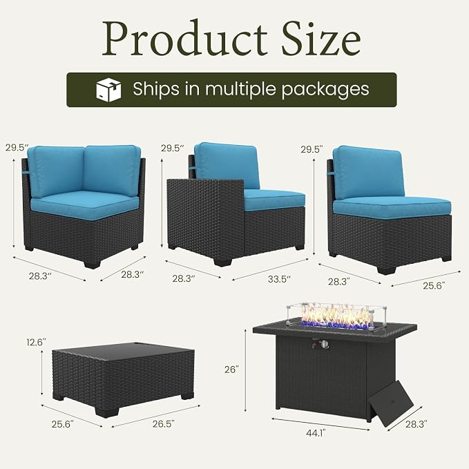 LayinSun 13 Pieces Outdoor Patio Furniture Set with 44" Fire Pit Table Rattan Sectional Sofa Conversation Sets