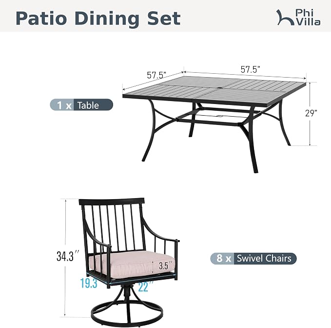 PHI VILLA 9 Piece, Outdoor Dining Table, 57.5"x57.5" Table | Wrought Iron, Swivel Chairs, Cushions, 2.0" Umbrella Hole, Weather-Resistant, 360° Swivel