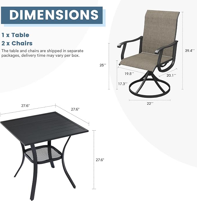 DIFY 3 Pieces Outdoor Patio Dining Set for 2, 27.6" Small Black Square Metal Dining Table and 2 Brown Textilene Swivel Dining Chairs, Outdoor Table and Chairs