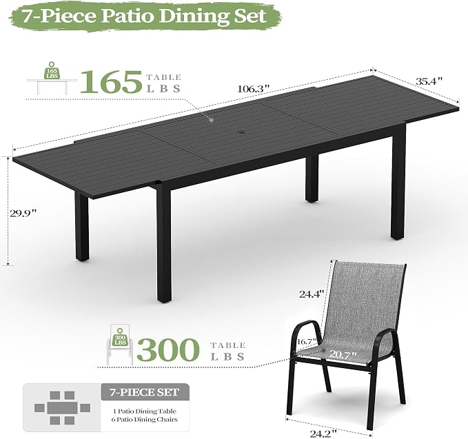 PIZZELLO 7 Pieces Outdoor Dining Set, 106" Aluminum Extendable Patio Dining Table w/ 6Pcs Stackable Textilene Chairs, All Weather Outdoor Table and Chairs Sets for Backyard, Garden, Deck and Poolside