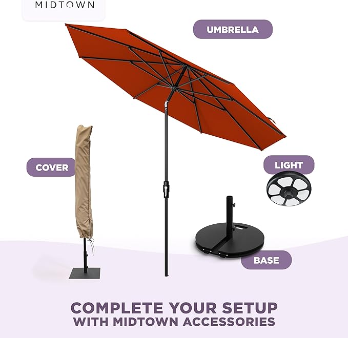 MIDTOWN UMBRELLAS The Swilt 8 Feet Outdoor Umbrella With Terylast Apple (Red) Polyester Fabric - Fiberglass Ribs, Auto-Tilt And Swivel Aluminum Frame Patio Umbrella For Deck, Garden, Pool - Black Pole