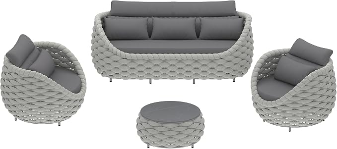 TWT Outdoor Patio Furniture Set, 5 Pieces Aluminum Sectional Sofa, Metal Patio Conversation Set with Threeseat & Armchair, Cushion and Coffee Table, Dark Grey
