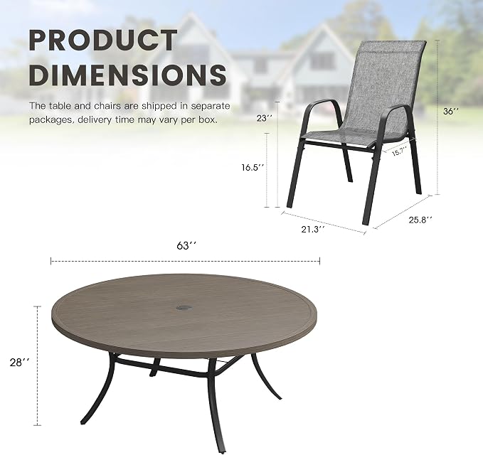 11 Pieces Outdoor Dining Set, 63" Round Table with Umbrella Hole & Stackable Patio Dining Chairs, Patio Table and Chairs Set for Deck Garden Porch, Grey Chairs & Grey Table