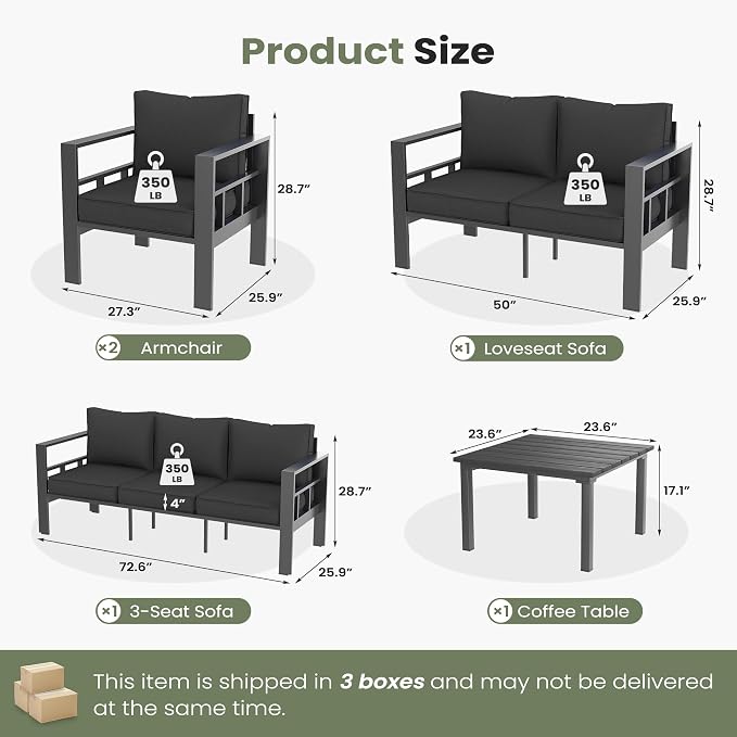 5 Piece Aluminum Patio Furniture Set, Thick Cushions, Aluminum Outdoor Sectional Conversation Set with Coffee Table for Porch, Backyard, Deck(Grey/Dark Grey)