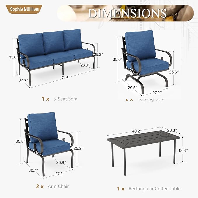 Sophia & William Patio Conversation Set for 7, 3-Seater Sofa, 2 Fixed Chairs, 2 Rocking Chairs and a Coffee Table, Metal Outdoor Furniture with 5.75" Extra Thick Cushions, Navy