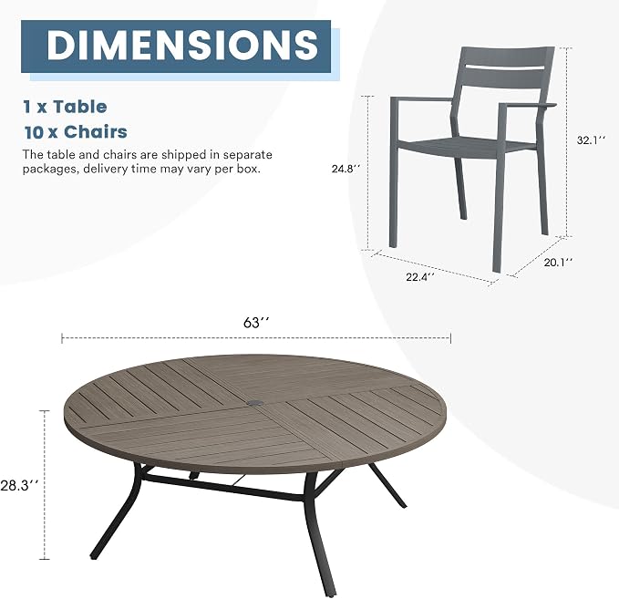 DIFY 11 Piece Outdoor Patio Dining Set for 10, 63" Round Dining Table with Umbrella Hole and Stackable Metal Chairs, Patio Table and Chairs Set for Backyard Garden Poolside, Grey Wood-Like & Grey