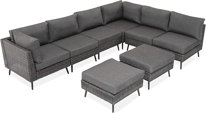 LAUSAINT HOME 8 Piece Outdoor Sectional Sofa PE Rattan Patio Conversation Sets, All Weather Patio Furniture Set with Thick Cushions for Garden, Poolside, Backyard (Grey)