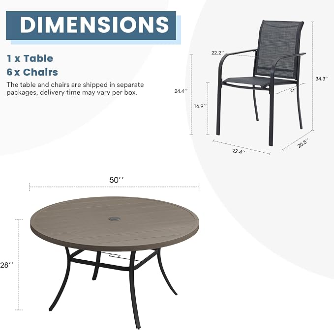 DIFY Patio Dining Set for 6, 7 Piece Outdoor Table and Chairs Set, 50" Grey Wood-Like Round Metal Patio Dining Table and 6 Grey Textilene Stackable Patio Chairs, for Backyard Garden Poolside