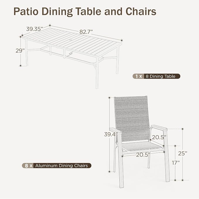 PHI VILLA Outdoor Dining Set for 8 w/Metal Table & Aluminum Chairs, Grey | Stackbale chairs, Breathable & quick-drying, Light-weight & space-saving, Rectangular Table, Umbrella Hole, Patio deck