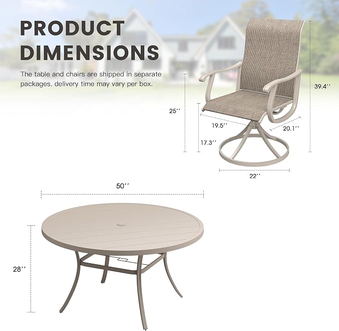 Outdoor Dining Set for 6, 50" Metal Round Outdoor Dining Table with Umbrella Hole and Sling Patio Swivel Chairs, 7 Pieces Patio Table and Chairs Set for Garden Backyard, Sandshell