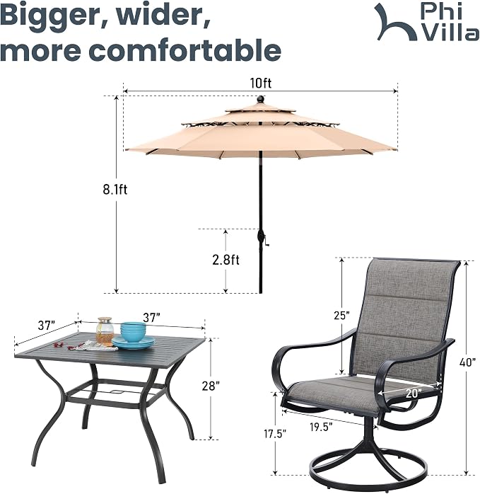 PHI VILLA Patio Dining Set with Umbrella for 4, Outdoor Table & Chairs Set with 4 Padded Swivel Patio Dining Chairs, 1 Square Metal Dining Table and 10ft Beige Large Patio Umbrella (No Umbrella Base)