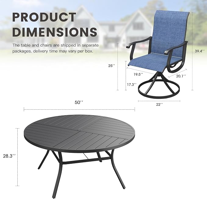 Outdoor Dining Set for 6, 50.1" Metal Round Outdoor Dining Table with Umbrella Hole and Sling Patio Swivel Chairs, 7 Pieces Patio Table and Chairs Set for Garden Backyard, Dark Blue and Black