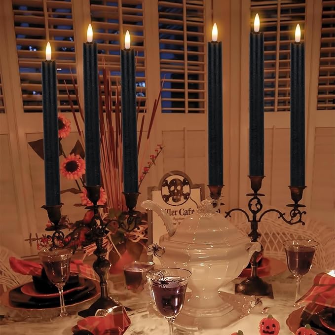 Wondise Halloween Flameless Taper Candles with Timer, Battery Operated Real Wax Black LED Candles 3D Wick Flickering Flame for Halloween Home Decoration, Set of 6ļ¼D0.78 x H9.5 Inch