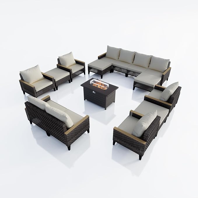 15 Pieces Outdoor Furniture Set, Modern Patio Conversation Sets with Fire Pit Table and Armchairs, Wicker Rattan Sofa Couches Chairs Ottomans for Porch, Deck, Balcony, Backyard, Yard (Beige Cushions)