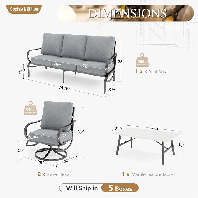 Sophia & William Patio Furniture Sets 5 Seats Outdoor Metal Conversation Sets 4 Pcs with 2 x Cushioned Swivel Sofa Chairs,1 x 3-Seat Sofa, 1x Marbling Metal Coffee Table Lawn Backyard Poolside Grey