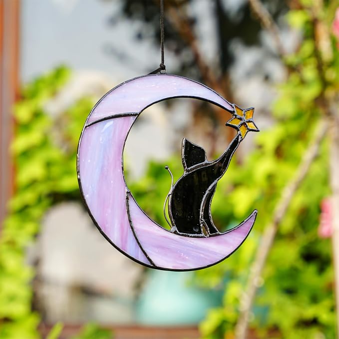 6.5'' Stained Glass Window Hanging Suncatcher-Black Cat on Purple Moon | Wall Art Glass Window Panel Sun Catcher,Halloween Decoration,Memorial Gift for Lover Cat Loss Women