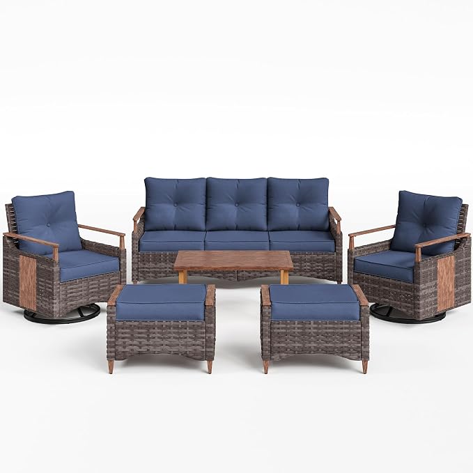 NestNook 6 Pieces Patio Furniture Set, Outdoor All-Weather Handwoven PE Wicker Swivel Chairs, Conversation Set with Coffee Table, Sofa with Thick Cushion & Ottoman for Backyard, Deck & Poolside, Blue