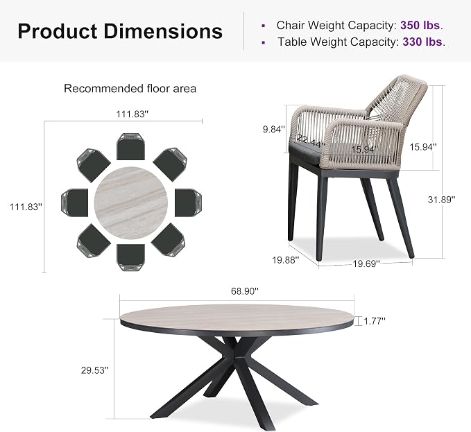 PURPLE LEAF 9 Pieces Patio Round Dining Set Aluminum Round Table and Rattan Arm Chairs with Cushions for Kitchen Porch Garden Modern Outdoor Furniture Sets, Beige and Dark Grey