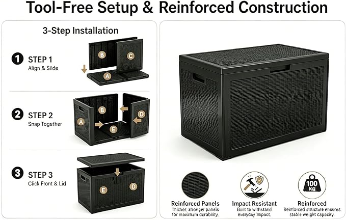 100 Gallon Large Deck Box, Premium Wicker Style Imitation Rattan Waterproof Outdoor Storage for Patio Furniture Cushions, Garden Tools & Pool Accessories, Lockable UV Resistant Black