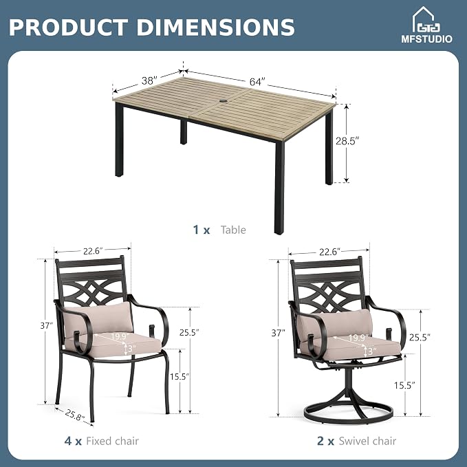 MFSTUDIO 7-Piece Patio Dining Set, 64" Wood-Look Table, Swivel Chairs | Cushions Chairs, Mixed Swivel and Fixed Chairs, Umbrella Hole, Seats 6, All-Weather Use