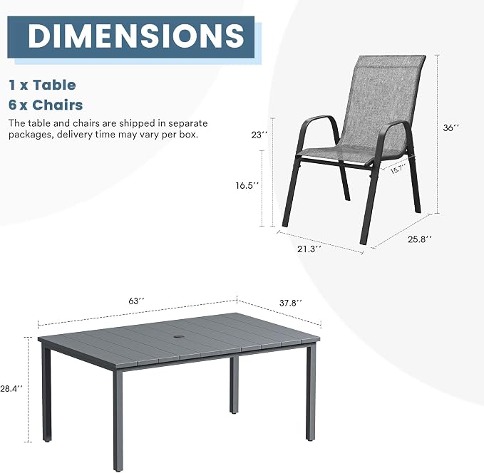 DIFY 7 Piece Outdoor Dining Set, 63" Rectangle Metal Patio Table and Textilene Stackable Chairs for 6, All Weather Patio Furniture Set with Umbrella Hole for Backyard Garden Deck, Grey