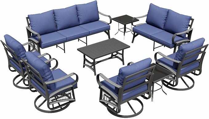 9 Piece Patio Furniture Set, 4 Single Swivel Chairs, Rope Braided Exposed with Thick Cushions, Outdoor All Weather Patio Conversation Sectional Sofa Set for Garden, Porch, Lawn, Blue
