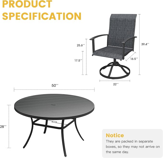 VICLLAX 7 Pieces Patio Dining Set, Outdoor Dining Set for 6-50" Round Outdoor Table and Swivel Patio Chair Set for Deck, Lawn and Garden, Black Table and Blue Chairs