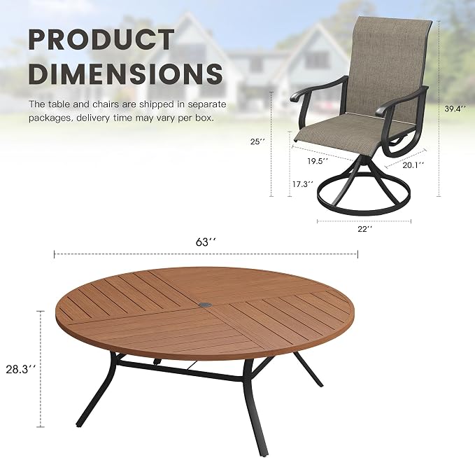 Outdoor Dining Set for 8, 63.1" Metal Round Outdoor Dining Table with Umbrella Hole and Sling Patio Swivel Chairs, 9 Pieces Patio Table and Chairs Set for Garden, Mixed Brown and Walnut