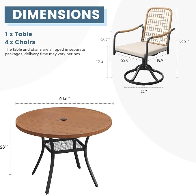 DIFY 5 Pieces Outdoor Dining Set for 4, 40.6" Round Dining Table with Umbrella Hole & Wicker Swivel Patio Chairs with Cushions, Metal Patio Table and Chairs Set for Backyard Porch Garden, Walnut