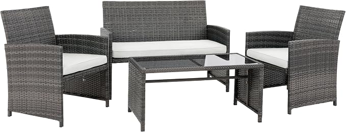 4 Piece Patio Ratten Set Outdoor Furniture Set Wicker Conversation Set with Cushions and Tempered Glass Tabletop,Beige