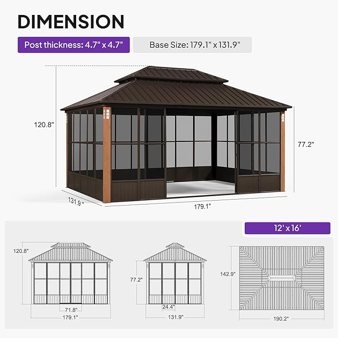 PURPLE LEAF 12' X 16' Outdoor Hardtop Gazebo with Solarium Galvanized Metal Roofs Patio Wood Grain Aluminum Frame with Screens and Doors for Hot Tub Garden Bronze
