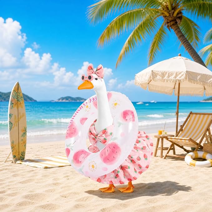 Summer Porch Goose Outfit with Sunglasses and Swim Ring for 23" Goose Statue Hawaiian Bikini Goose Outfits Porch Goose Clothes Costume for Garden Lawn Yard Decor(Strawberry)