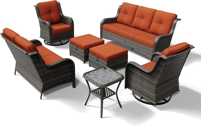 Joyside 7 Piece Wicker Patio Furniture Set, Outdoor Swivel Rocker Patio Chairs with High Back, Deep Seating, Wide Armrest, Thickened Cushions, Outdoor Furniture for Deck, Porch Use