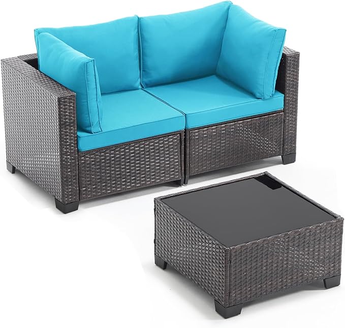 ANJ 3 Piece Outdoor Wicker Patio Furniture Set, Modular Loveseat Sofa with with Glass Top Coffee Table, All-Weather Rattan Conversation Couch Set for Balcony, Backyard, Dark Brown Wicker-Turquoise