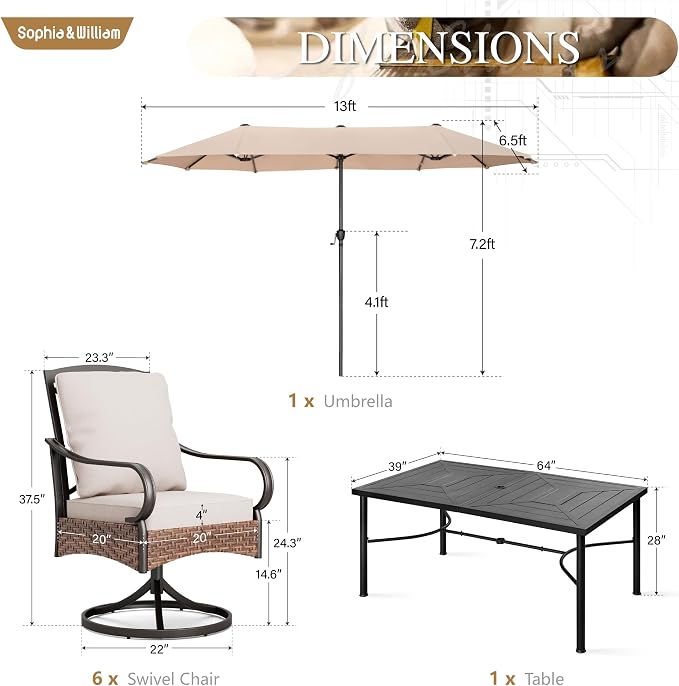 Sophia & William Outdoor Patio Table and Chairs for 6 with 13ft Beige Umbrella Outdoor Dining Set with 6 Padded Large Patio Swivel Rocking Chairs, 64" X 39" Rectangular Metal Table,1 Umbrella