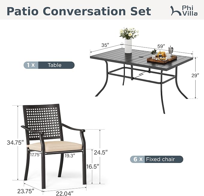 PHI VILLA Outdoor Dining Set for 6, 59" Metal Table & Swivel Chairs | 7 pcs black wrought iron furniture set w/ umbrella hole. All weather for patio, deck, yard, porch
