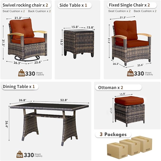 MEISSALIVVE 8 Pieces Patio Furniture Sets, PE Wicker Outdoor Conversation Sets with 2 Wood Armrests Swivel Rocker Chairs, 2 Fixed Single Chairs, 2 Ottomans and Dining Table(Red)