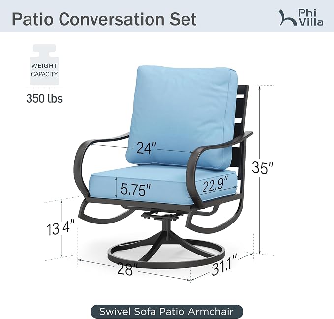 PHI VILLA Patio Furniture Chair Set for 2, Deluxe Outdoor Conversation Set with 2 Swivel Padded Sofa Chair, Full Metal with 5.8" Cushion for Deck, Lawn, Garden(Blue)